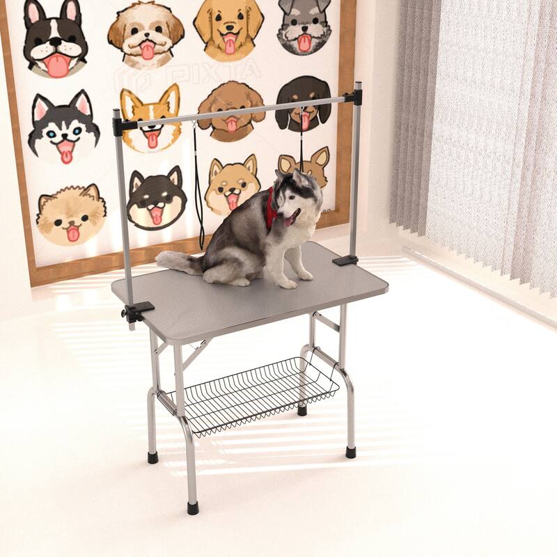 Folding Dog Pet Grooming Table, Stainless Steel Frame Rubber Mat on Board, with Adjustable Arm and Clamps pet dog - Silver
