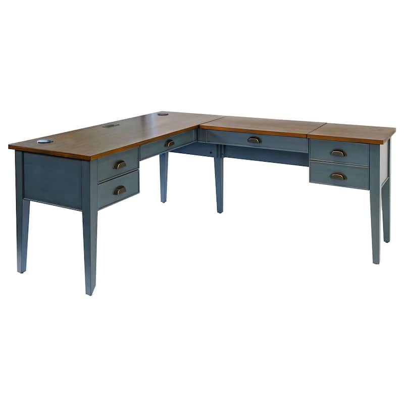Farmhouse Wood Half-Pedestal Writing Desk and Return, Open L-Shaped Table and Return, Office Desk and Return, Blue