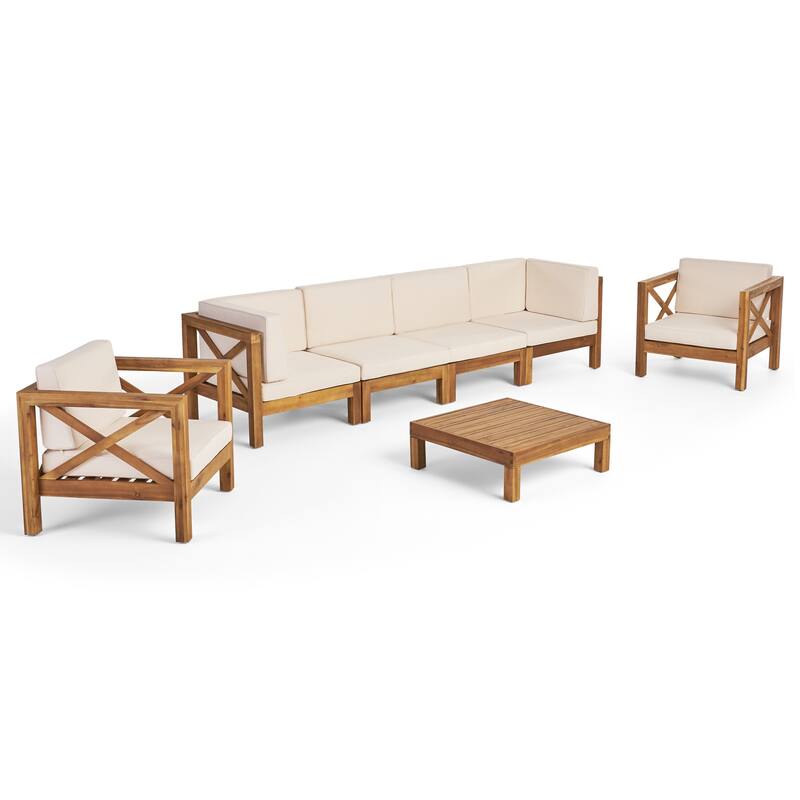 Brava Outdoor Acacia Wood 7-piece Chat Set by Christopher Knight Home - Teak Finish, Beige