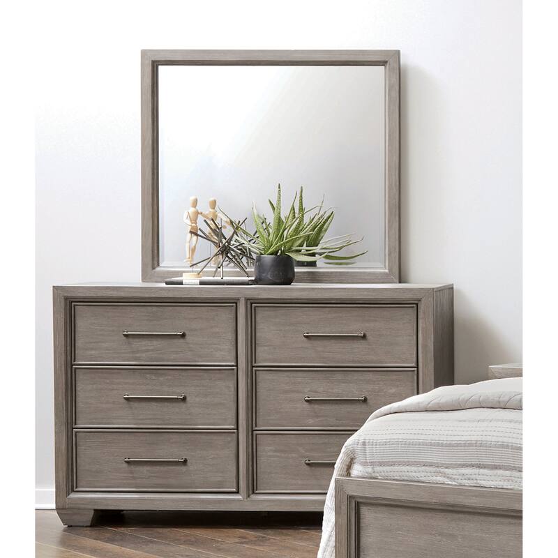 Roundhill Furniture Ennesley Gray Wood Bedroom Set with Upholstered Panel Bed, Dresser, Mirror, Nightstand, and Chest
