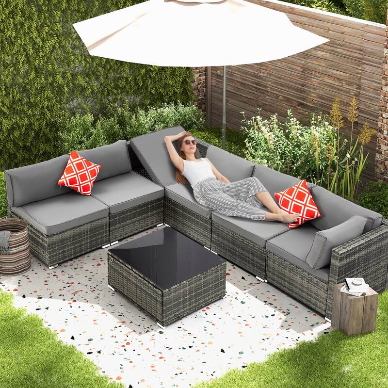 EROMMY 6/7 Piece Modular Outdoor Rattan Sofa Set, All-Weather Wicker Patio Furniture with Storage Table, Cushions & Pillows - 7 Pcs - Grey