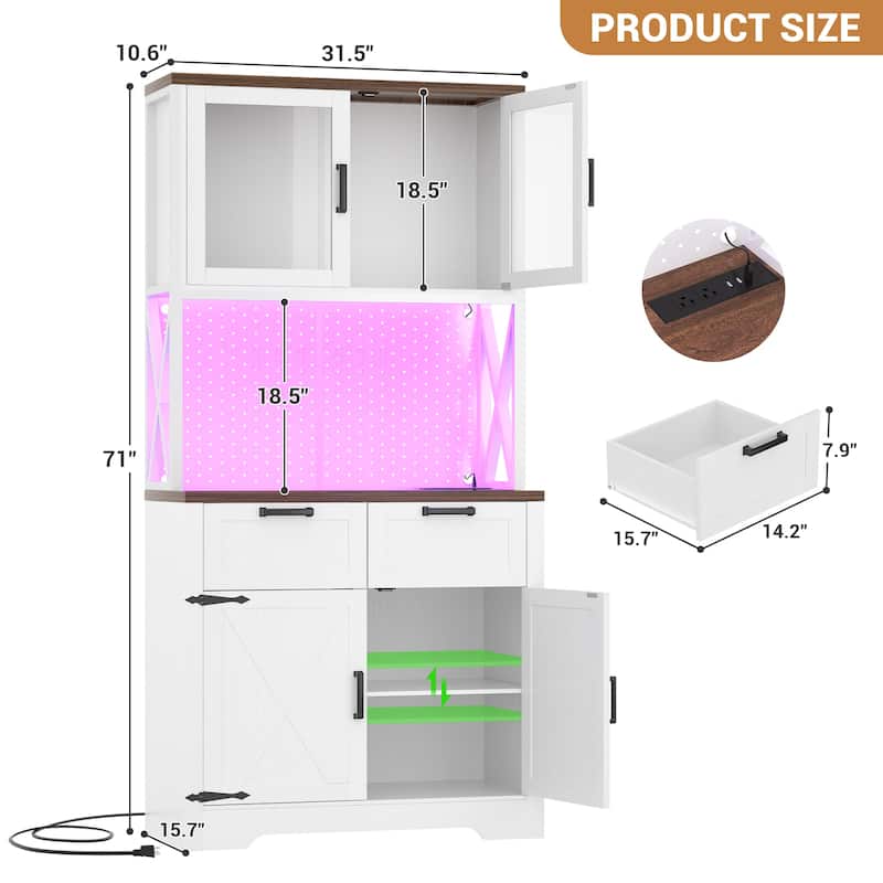 71" Kitchen Pantry Storage Cabinet with LED Light & Power Outlet, Freestanding Buffet Cabinet with Microwave Stand and Doors