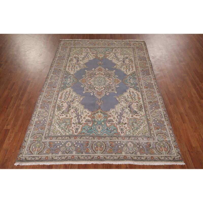 Geometric Tabriz Vintage Persian Area Rug Hand-Knotted Wool Carpet - 6'5" x 9'7"