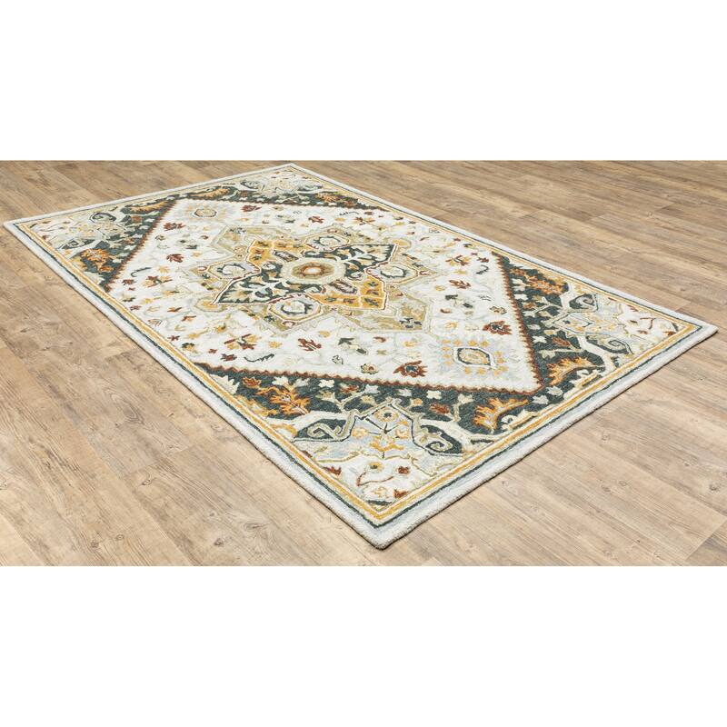 Akron Ivory Charcoal Hand-Tufted Wool Oriental Medallion Traditional Casual Area Rug