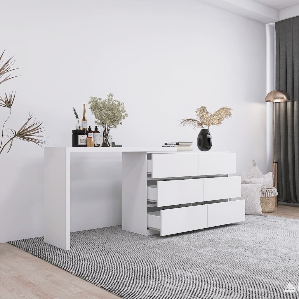 Makeup Vainty Desk and Dresser Combo, L-Shaped Makeup Table Extendable Dressing Table 6 Drawers Dresser