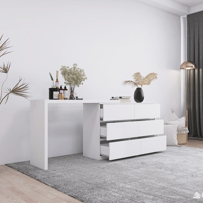 Makeup Vainty Desk and Dresser Combo, L-Shaped Makeup Table Extendable Dressing Table 6 Drawers Dresser - White