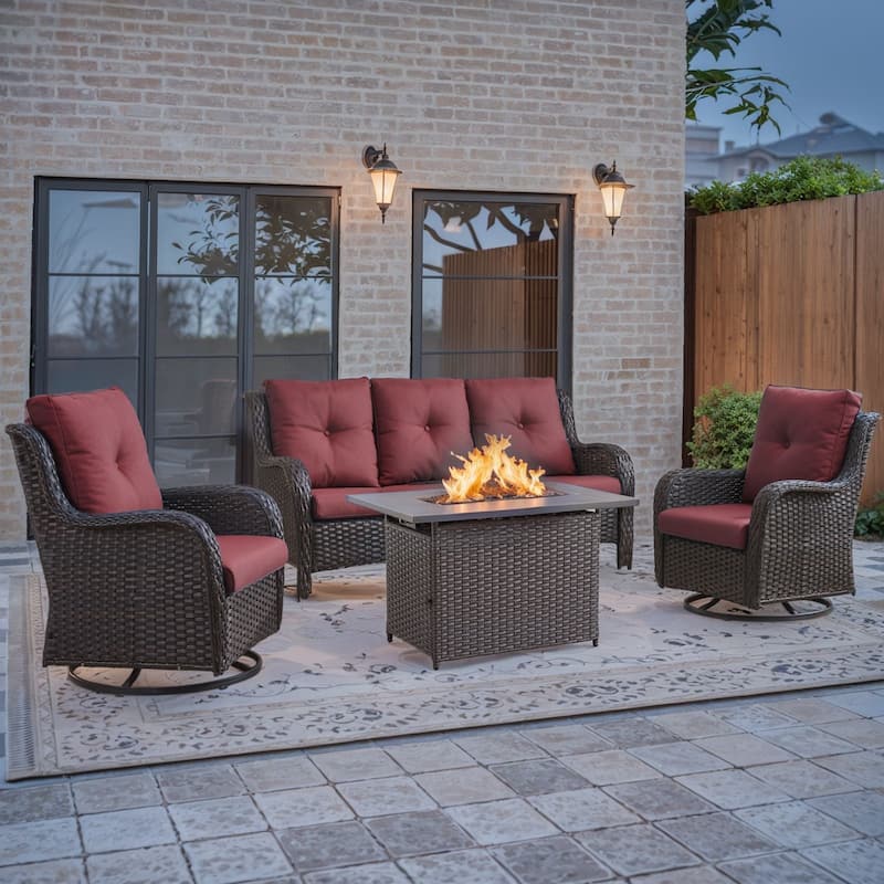 Patio Sofa Sets with Fire Pit Table - Red - Brown