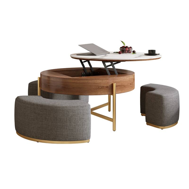 Modern Lift Round Coffee Table with Hidden Storage 3 Footstools and Tripod Mount Base, for Living Room