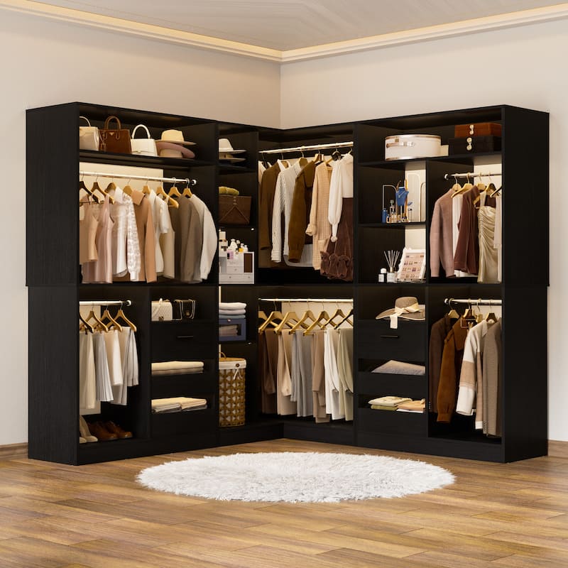 Qvella 72"-108" Closet System with Drawers and Hanging Rods,Freestanding Walk-in Closet Organizer System Wardrobe Closet Tower