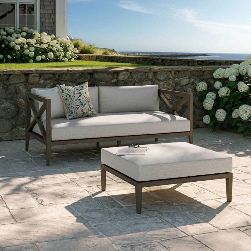 Northlake Outdoor Patio Teak Wood Loveseat and Ottoman Set - Pebble