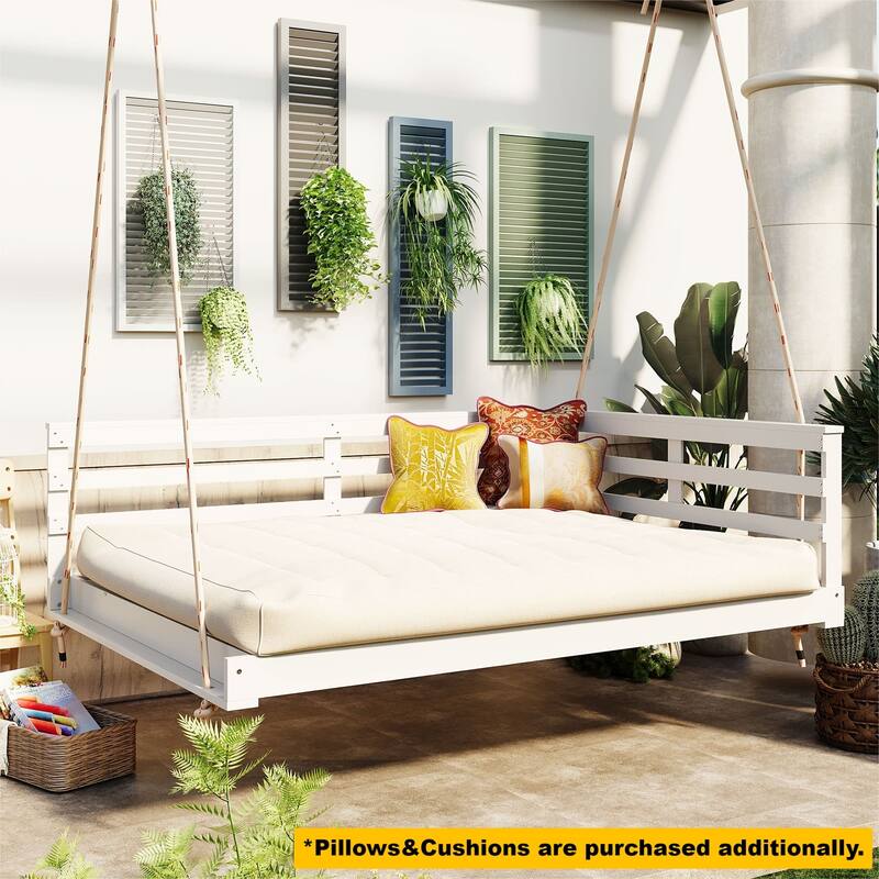 Topmax Acacia Wood Porch Swing Bed For Outdoor With Hemp Ropes - Full Size Patio Hanging Bed (Excluding the table)