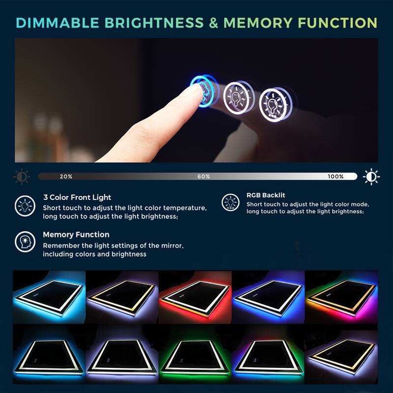 Super Bright RGB Backlit & LED Frontlit Anti-Fog Bathroom Vanity Mirror in Tempered Glass & ETL