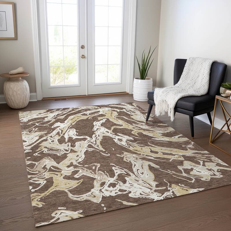 Machine Washable Indoor/ Outdoor Modern Wave Chantille Rug - Brown - 5' x 7'6"