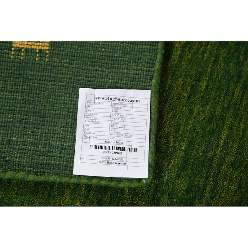 Tribal Green Gabbeh Indian Area Rug Handmade Wool Carpet - 5'3"x 7'6"
