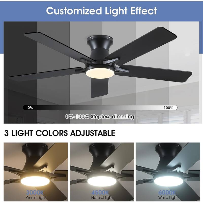52 Inches Flush Mount Modern Quiet Ceiling Fan with Light and Remote APP Control 5 Dual Side Blades for Living Room Bedroom