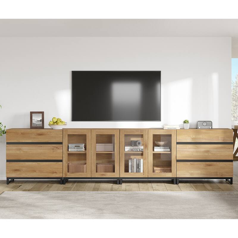 4-in-1 TV Stand for 120" TVs, TV Console with Glass Doors & 6 Drawers