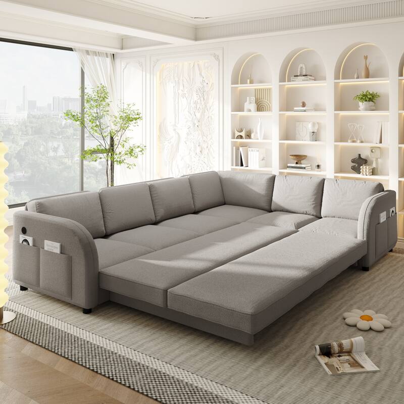 115" L-Shaped Sectional with Pull-Out Bed, USB Ports & Side Pockets, King Size Upholstered Bed