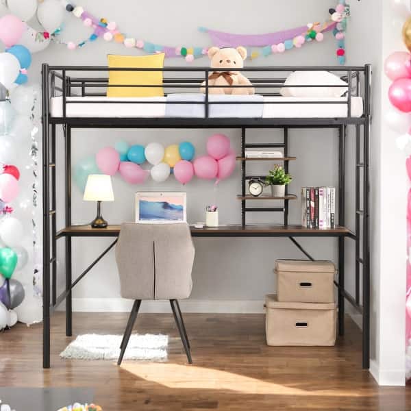 slide 2 of 6, Twin Size Metal Loft Bed with Desk and Storage Shelves Black