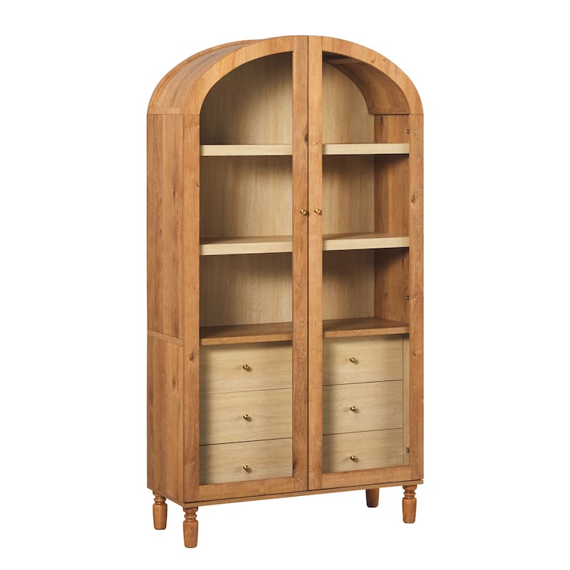Walker Edison Modern Arched MDF Bookshelf Cabinet with Tall Glass Doors - English Oak