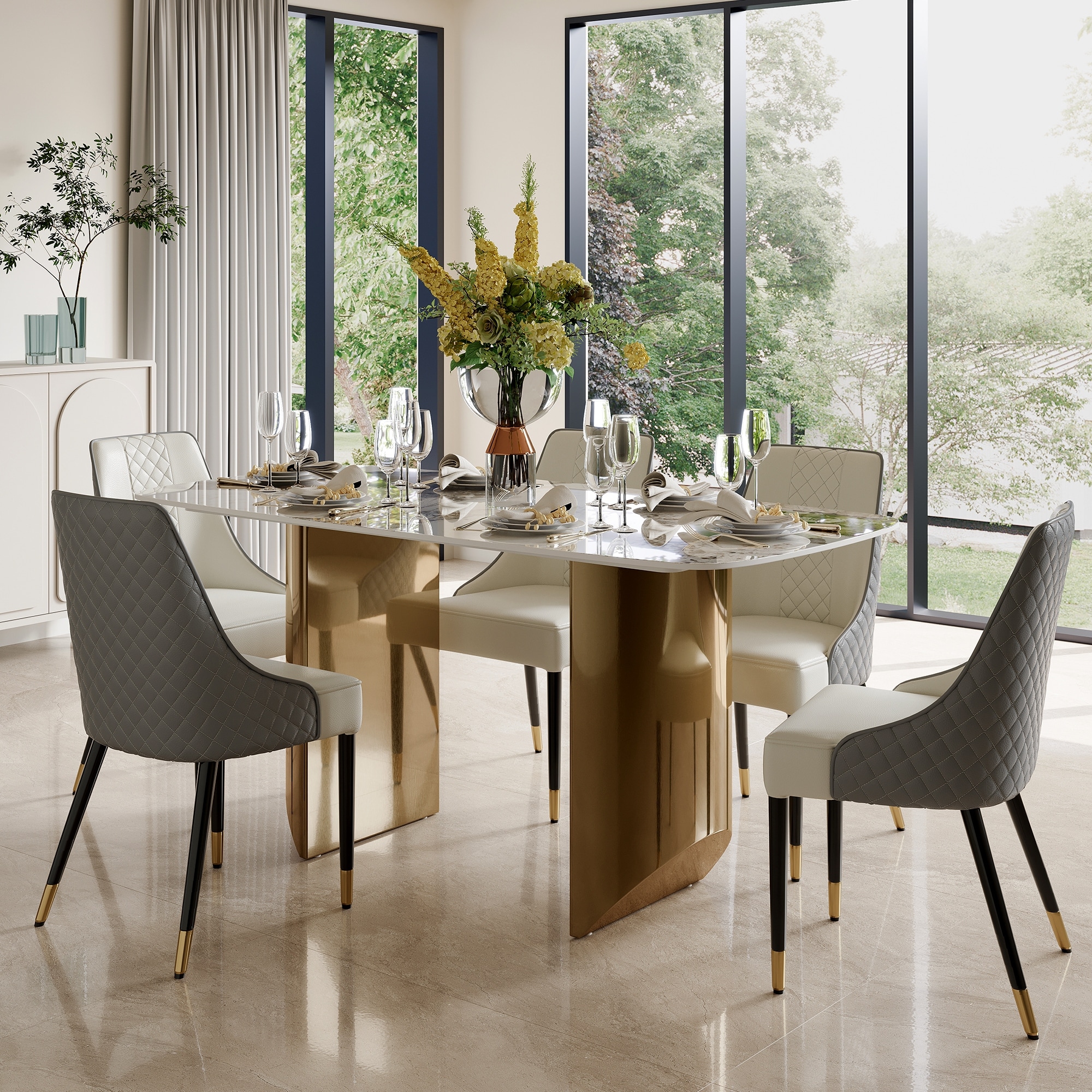 White Rectangular Sintered Stone Dining Table with Double