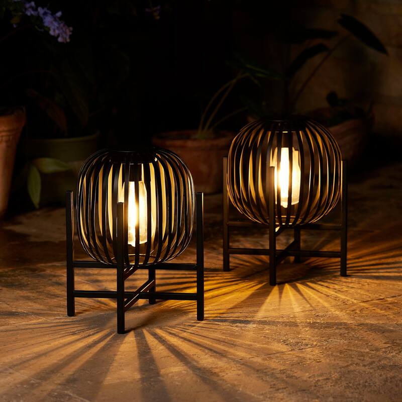 Glitzhome Outdoor Black Metal Striped Freestanding Solar Lantern Deck Lamp