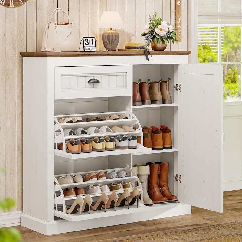 Shoe Storage Cabinet with Large Flip Drawers Shoe Rack Cabinet - Antique White & Brown - 3-drawer