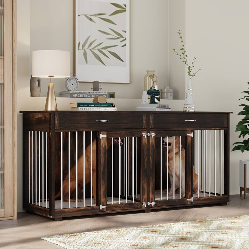 72.4 Inch Wooden Large Furniture Dog Crate with Drawers & Divider - Brown