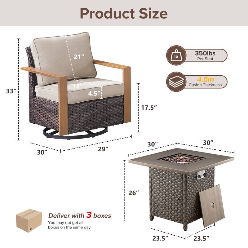 Meyreso 5-Piece Wicker Swivel Glider Fire Pit Set with Plush 4.5" Olefin Cushions