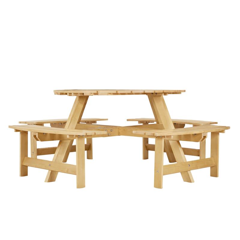 8-Person Outdoor Patio Pine Wood Round Picnic Dining Set with 4 Built-in Benches and Umbrella Hole