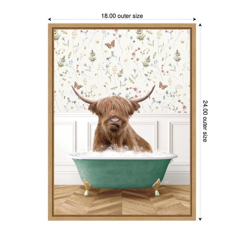 Kate and Laurel Sylvie Highland Cow in Meadow Bathtub Framed Canvas by Amy Peterson