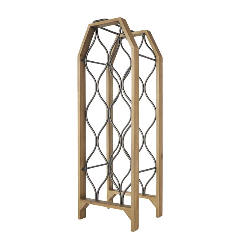 Wood Geometric 8 or 11 Slot Wine Rack with Gray Metal Curved Teardrop Holders - Brown - Roche River Decor