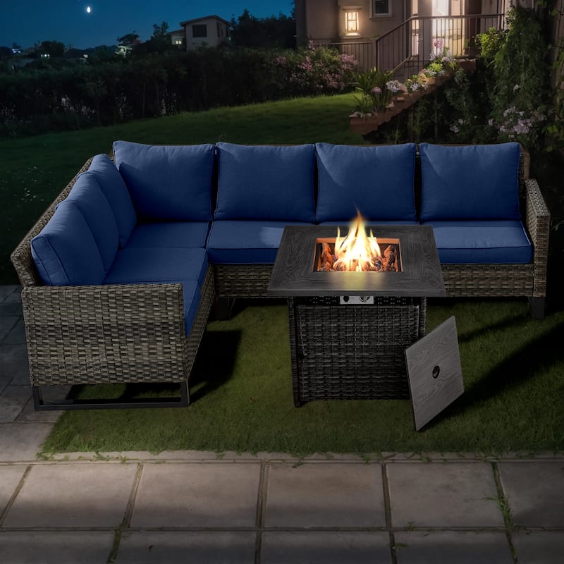 Outdoor Sectional Wicker Sofa with Fire Pit Table - Blue