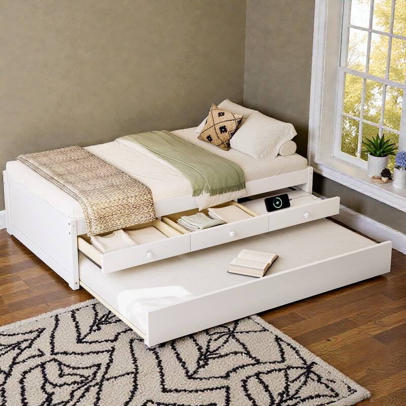 Platform Bed with Trundle, 2 Storage Drawers and Built In Power Strip, Solid Wood Bed Frame