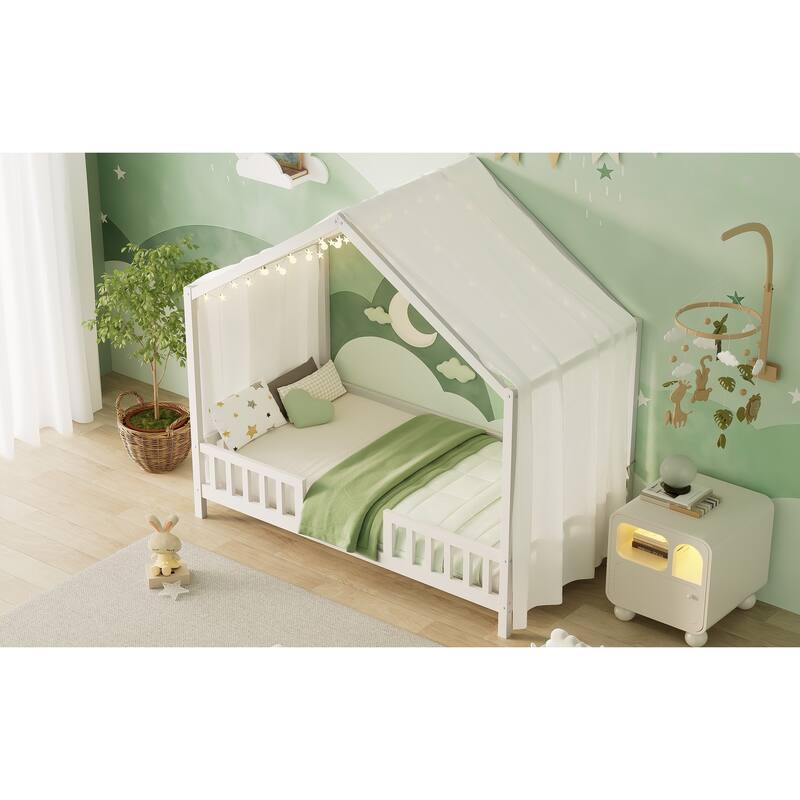 House-Shaped Twin Bed with Canopy and Railings for Kids, Montessori Floor Bed, White