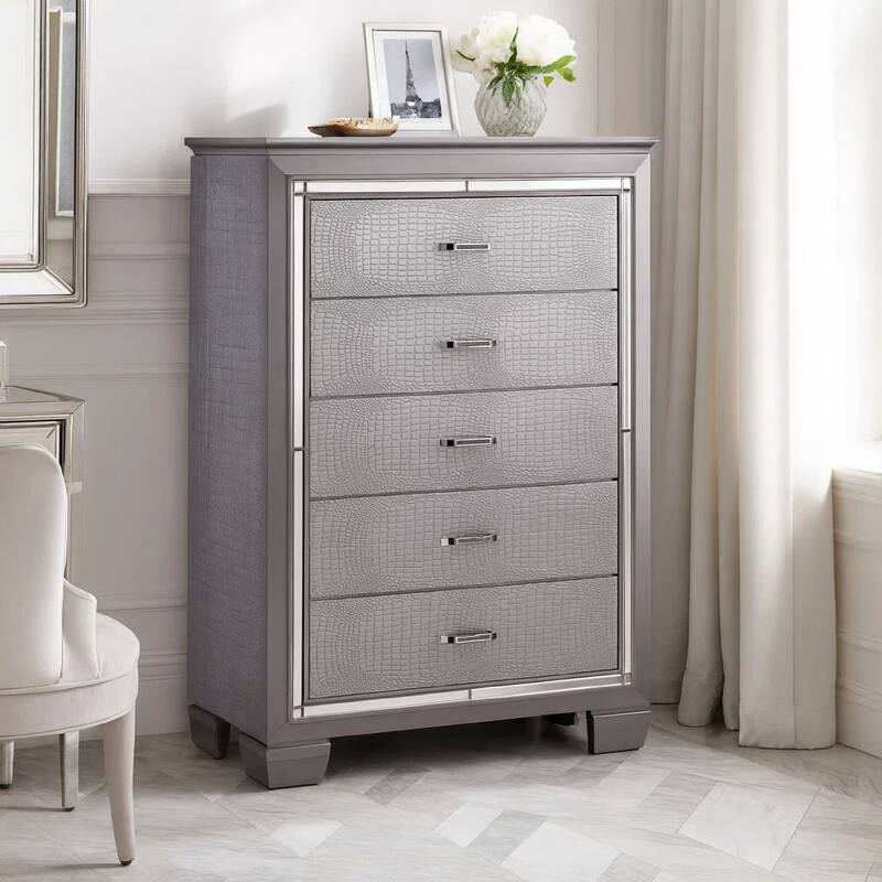 Contemporary Style Five Drawer Wooden Chest, Silver