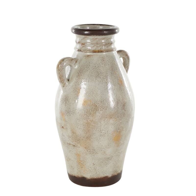 Cream Ceramic Antique Amphora Decorative Vase with Speckled Texturing and Yellow and Brown Accents