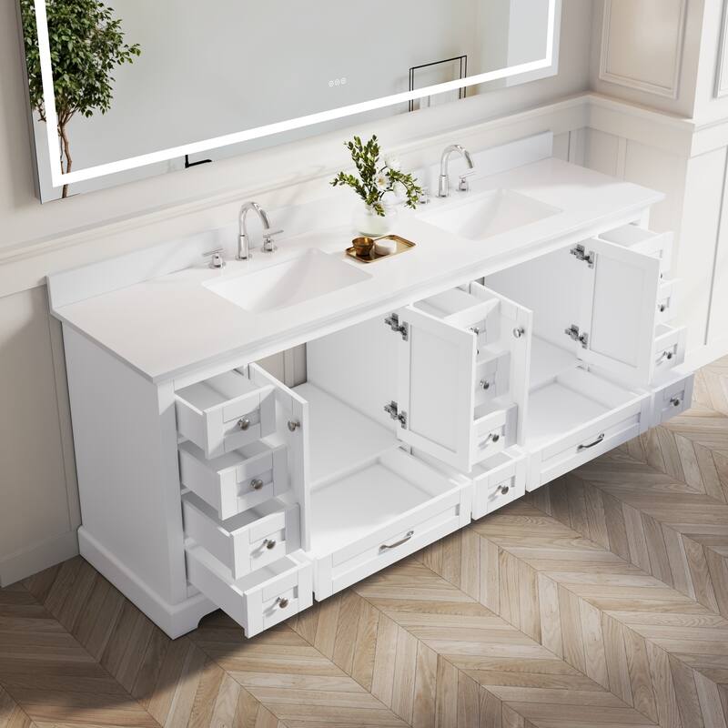 84''W Solid Wood Frame Bathroom Vanity With Pure White Culutered Marble Countertop And Double Sink