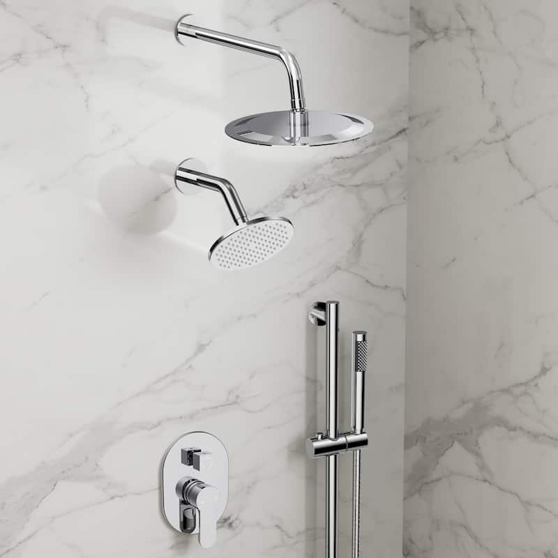 GRANDJOY Dual Heads Shower System 10" and 6" Wall Mount Rainfall Round Shower Faucet Handheld Shower Spray with Slide Bar - Chrome