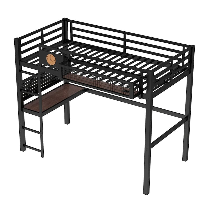 Metal Loft Bed with Desk & Storage Basket, Includes Alarm Clock & Charging Port, Queen/Full/Twin XL