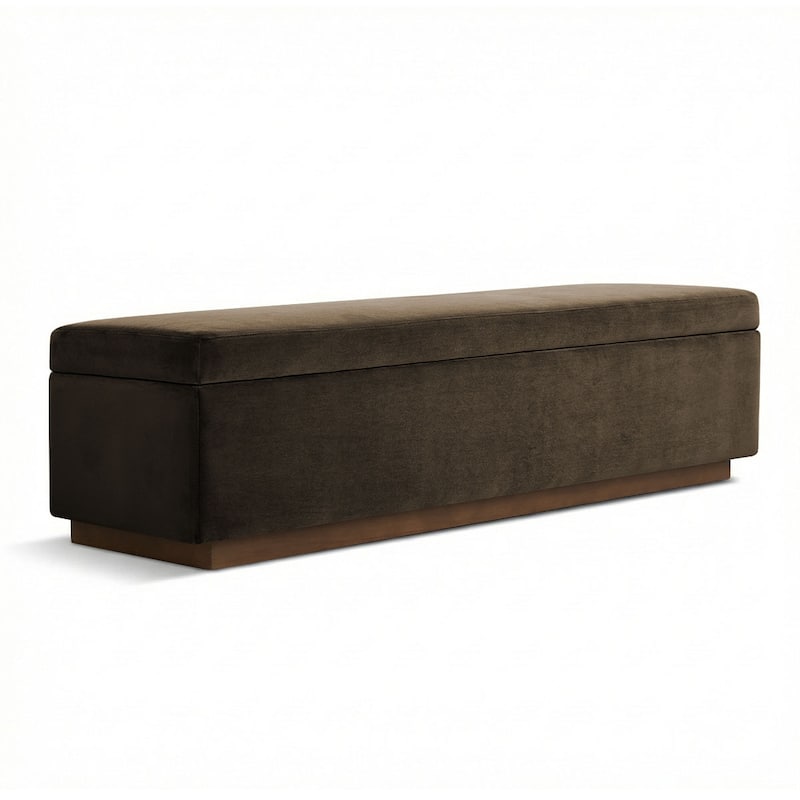 60" Wide Mid-Century Velvet Storage Bench With Solid Wood Base