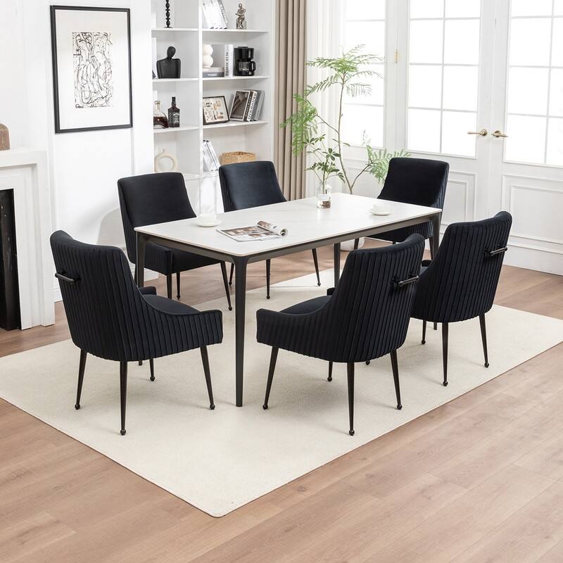 SEYNAR Modern Glam Velvet Black Metal Legs Dining Chair or Vanity Chair Set of 6 with Rear Handle - Black