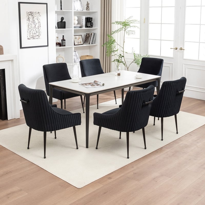 SEYNAR Modern Glam Velvet Black Metal Legs Dining Chair or Vanity Chair Set of 6 with Rear Handle