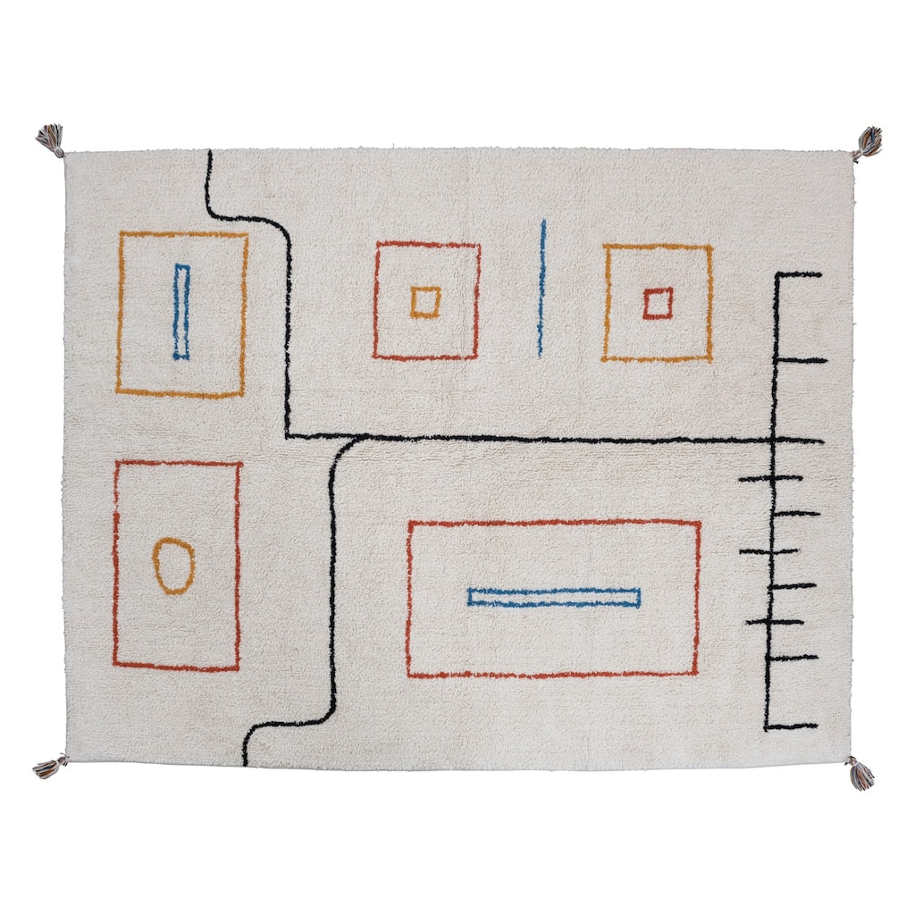 Stonewashed Cotton Tufted Rug with Abstract Design and Tassels - 84" L x 60" W x 0" H
