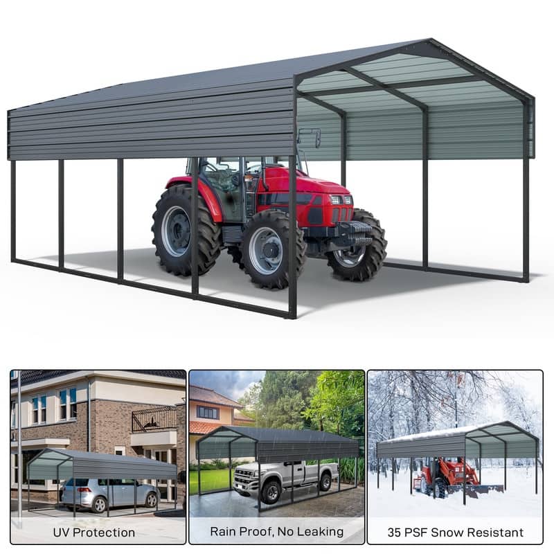 19.5 ft. W x 12 ft. D x 8.5 ft. H Carbon Black Galvanized Steel Peaked Carport