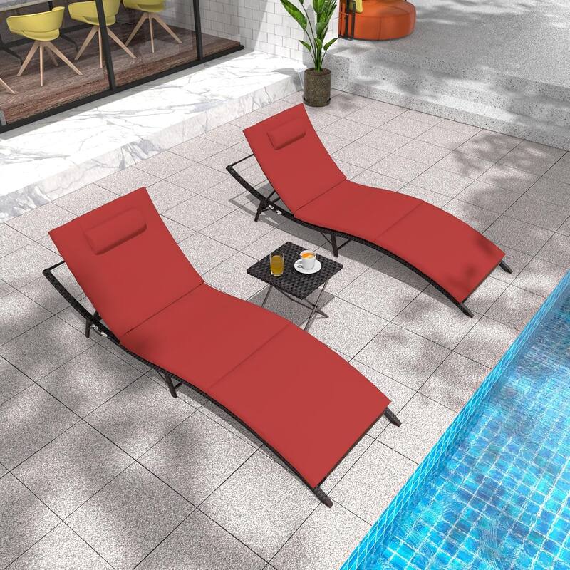 3-Pieces Wicker Outdoor Chaise Lounge Set w/ Two Foldable Lounge Chairs and one Side Table - Red