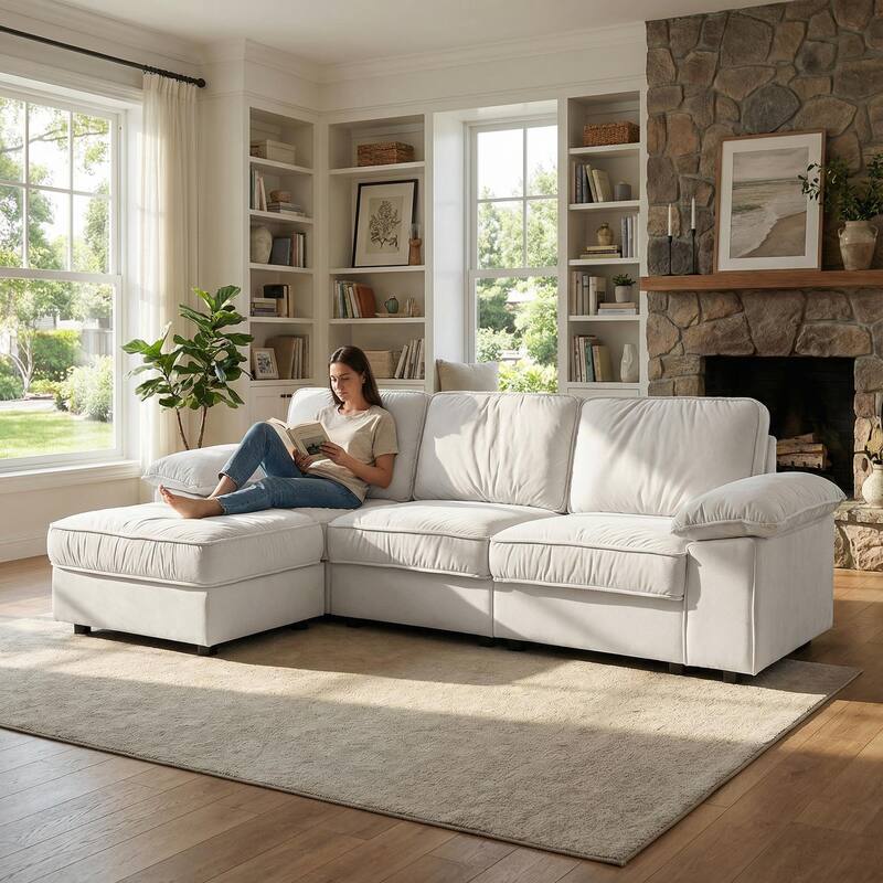 Upholstered L-Shaped Sectional Sofa Couch with Ottoman, Modern Fabric Deep Seat Sofa