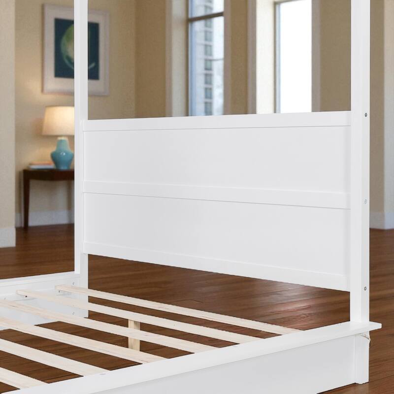 Queen/King White Wood Canopy Platform Bed with LED Lights and Slats, Modern Bedroom Frame No Box Spring Needed