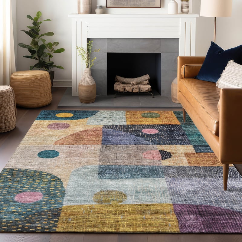 Machine Washable Indoor/ Outdoor Contemporary Geo Chantille Rug - Green - 5' x 7'6"