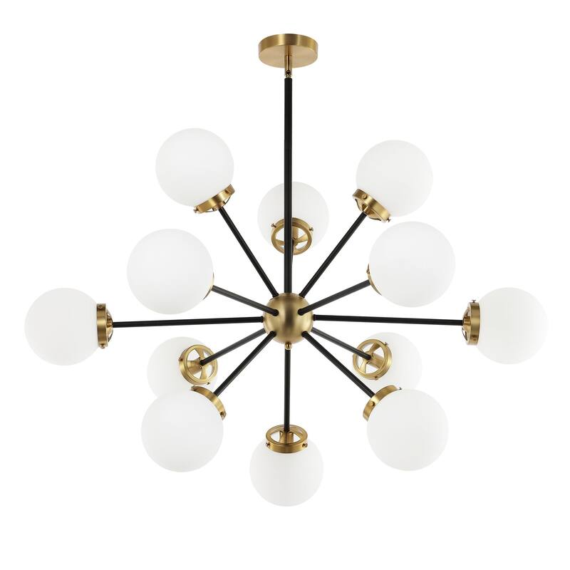 Modern Chandelier Sputnik Black Brass 12-Light Opal Glass