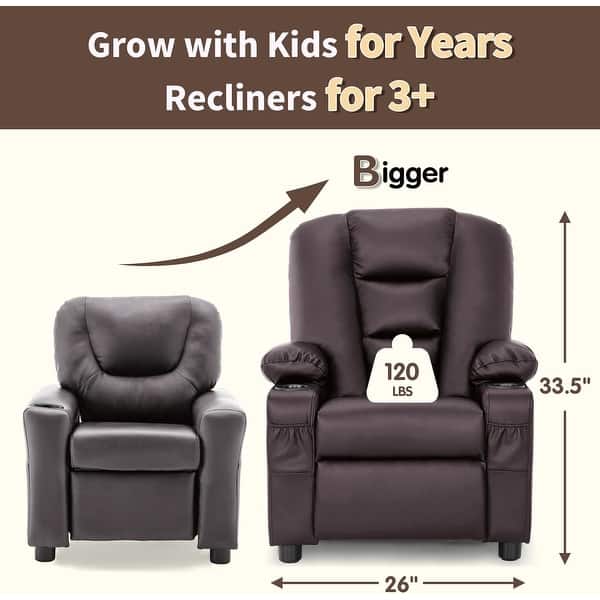 dimension image slide 10 of 11, MCombo Big Kids Recliner Chair for Toddler Boys and Girls Faux Leather - 28.3"(L)x26.4"(W)x34.2"(H)
